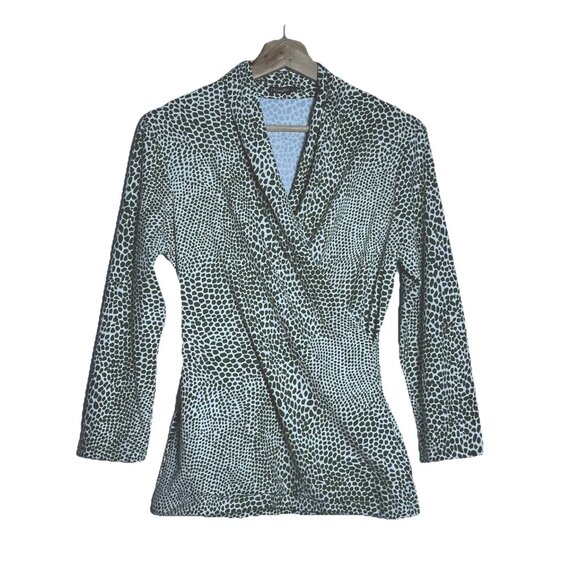 J. MCLAUGHLIN Smooth Stretch Surplice Animal Print Top Faux Wrap 3/4 Sleeve Sz S - Picture 1 of 6